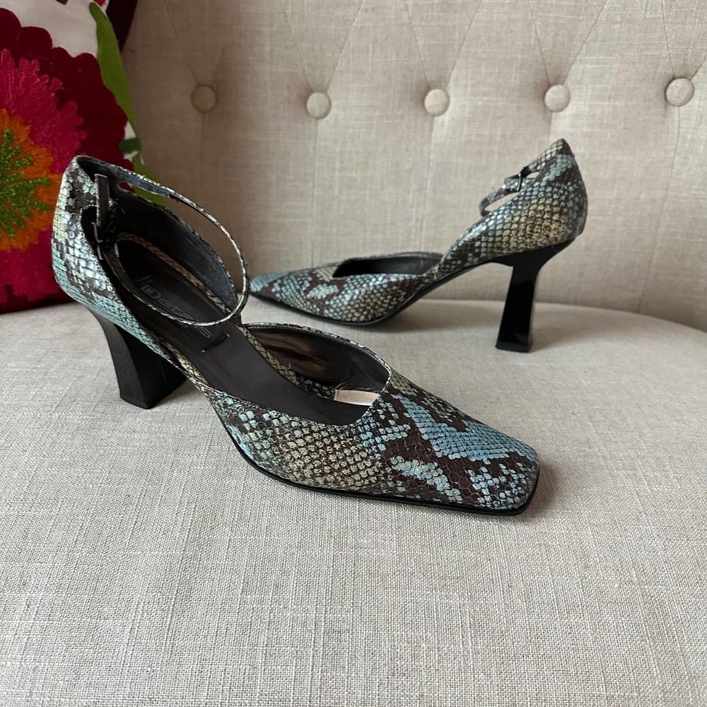 Snake-Print Ankle-Strap Heels in Teal and Brown - Picture 8 of 8